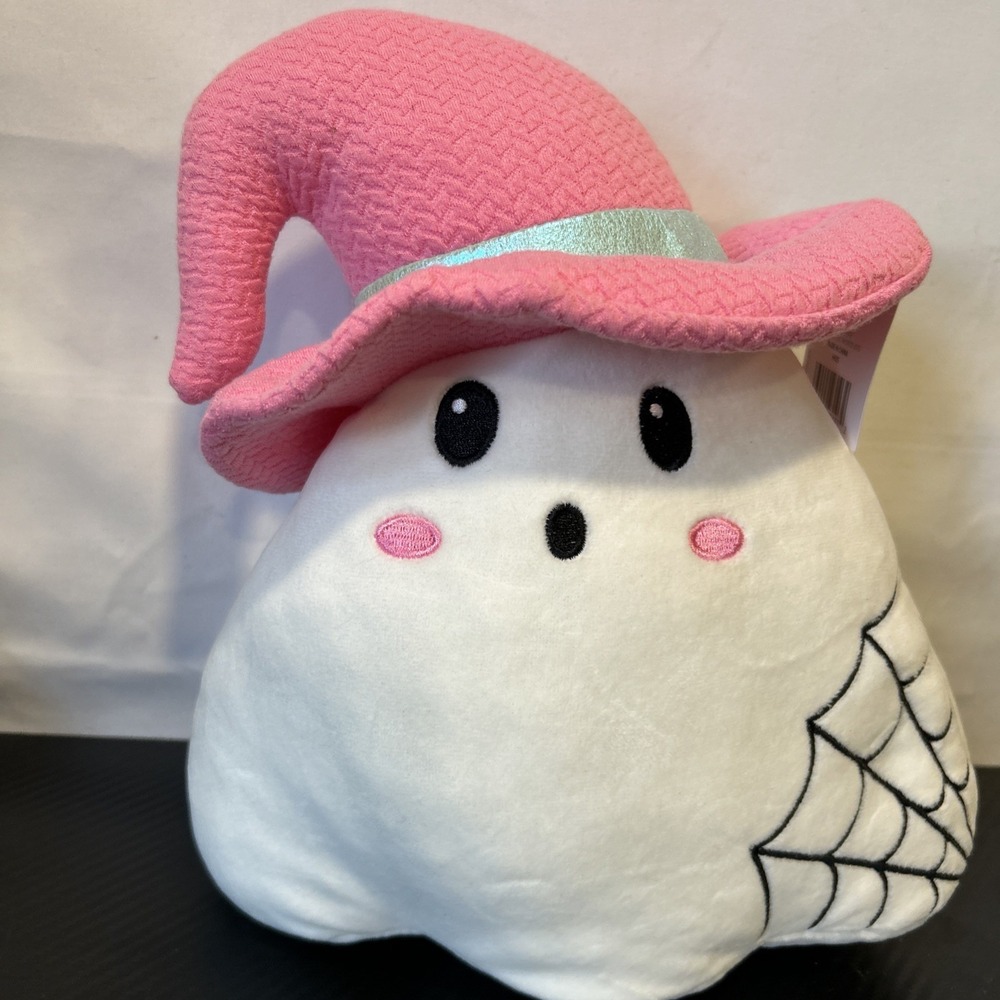 Hugfun‎ Ghost Plush Doll Small White Pink Black Stuffed Toy with Pink Hat